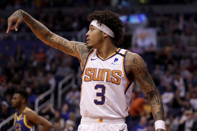 Phoenix Suns forward Kelly Oubre Jr. (3) against the Golden State Warriors during the second half of an NBA basketball game, Wednesday, Feb. 12, 2020, in Phoenix. (AP Photo/Matt York)