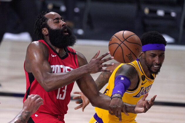 Houston Rockets' James Harden (13) is fouled by Los Angeles Lakers' Kentavious Caldwell-Pope during the second half of an NBA conference semifinal playoff basketball game Thursday, Sept. 10, 2020, in Lake Buena Vista, Fla. (AP Photo/Mark J. Terrill)