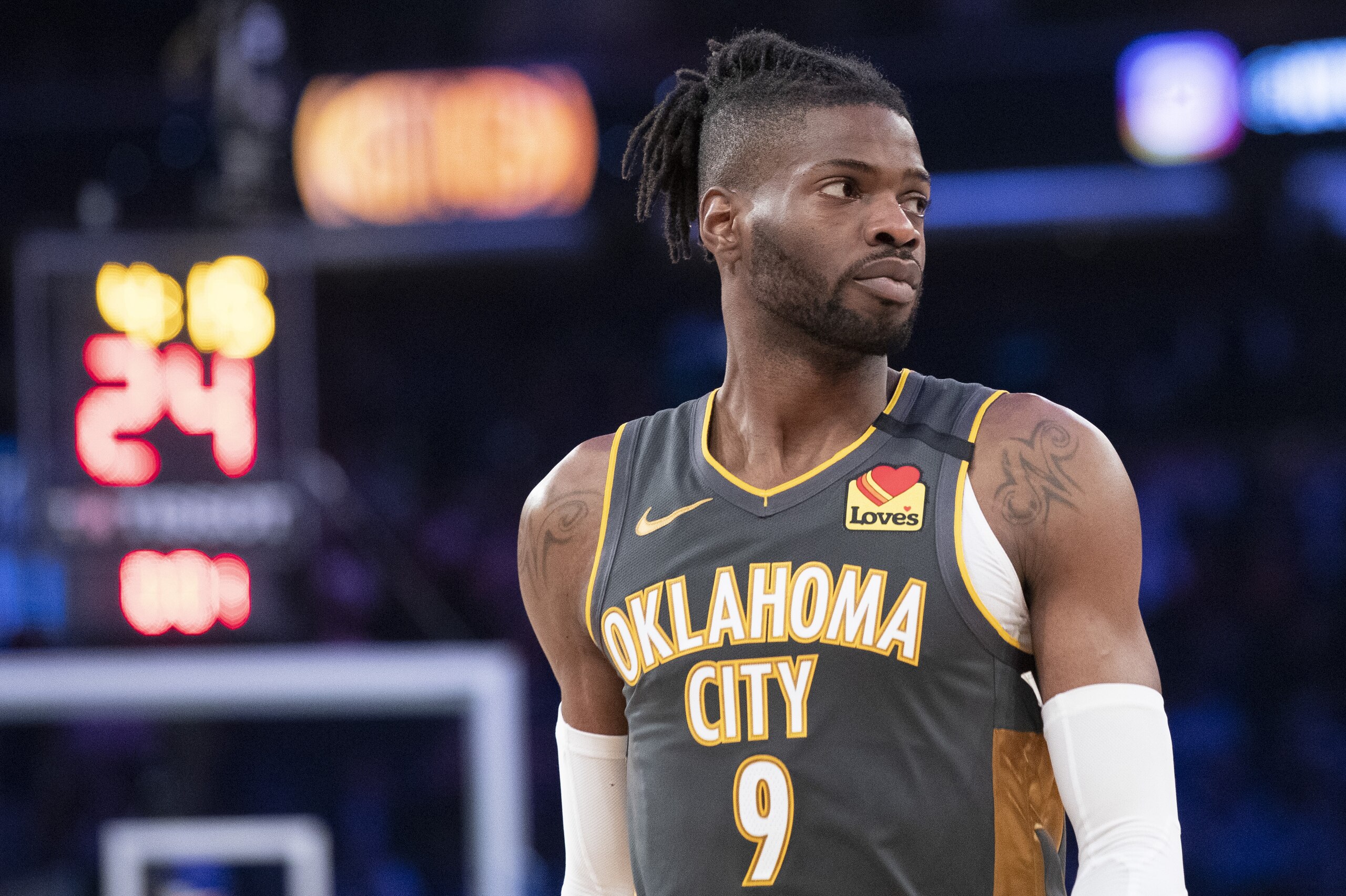 Oklahoma City Thunder center Nerlens Noel during a break in action in the first half of an NBA basketball game against the New York Knicks, Friday, March 6, 2020, at Madison Square Garden in New York. (AP Photo/Mary Altaffer)