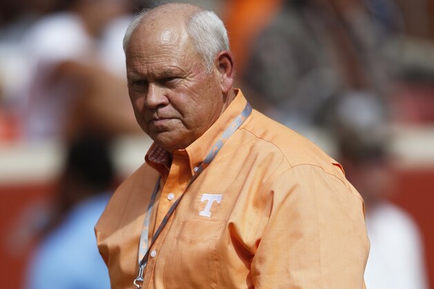 Former Tennessee head coach, Phillip Fulmer, is seen an NCAA college football game between Tennessee and South Carolina Saturday, Oct. 14, 2017, in Knoxville, Tenn. (AP Photo/Wade Payne)