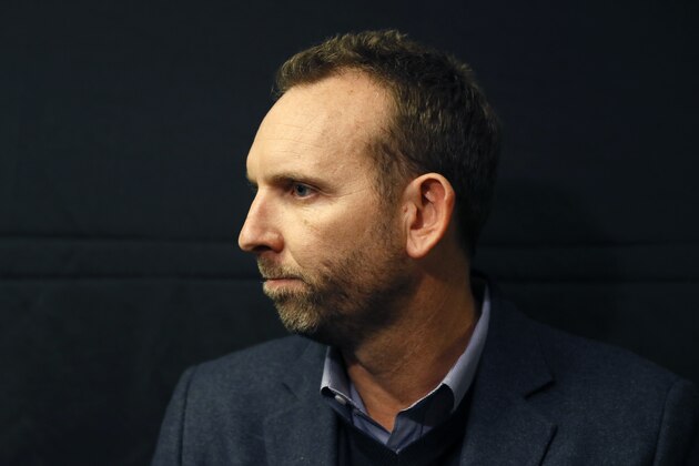 Brooklyn Nets general manager Sean Marks pauses while speaking to the media during a news conference before an NBA basketball game against the Philadelphia 76ers, Thursday, Feb. 20, 2020, in Philadelphia. (AP Photo/Matt Slocum)