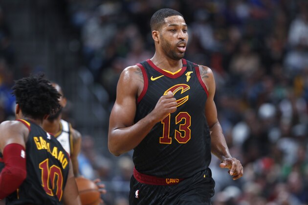 Cleveland Cavaliers center Tristan Thompson (13) in the first half of an NBA basketball game Saturday, Jan. 11, 2020, in Denver. (AP Photo/David Zalubowski)