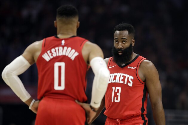 Houston Rockets' James Harden (13) and Russell Westbrook (0) during an NBA basketball game against the Los Angeles Clippers Thursday, Dec. 19, 2019, in Los Angeles. (AP Photo/Marcio Jose Sanchez)