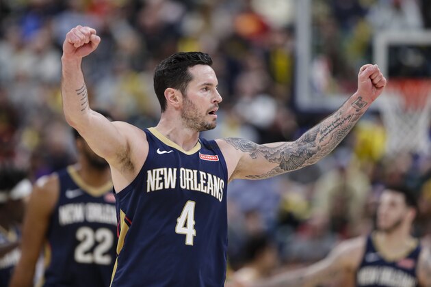 New Orleans Pelicans guard JJ Redick (4) celebrates late in the second half of the team's NBA basketball game against the Indiana Pacers in Indianapolis, Saturday, Feb. 8, 2020. The Pelicans won 124-117. (AP Photo/Michael Conroy)