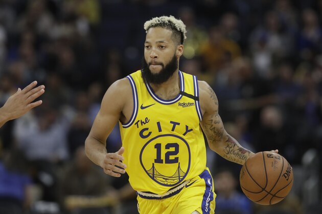Golden State Warriors guard Ky Bowman (12) against the Los Angeles Lakers during an NBA basketball game in San Francisco, Thursday, Feb. 27, 2020. (AP Photo/Jeff Chiu)