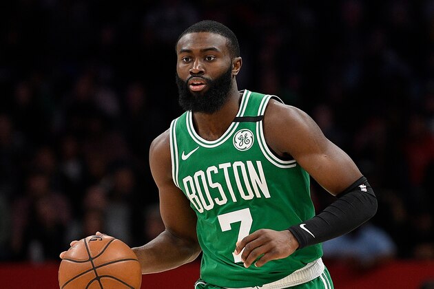 Boston Celtics guard Jaylen Brown (7) dribbles the ball during the second half of an NBA basketball game against the Washington Wizards, Monday, Jan. 6, 2020, in Washington. The Wizards won 99-94. (AP Photo/Nick Wass)