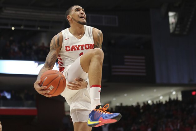 Dayton's Obi Toppin goes up to dunk during the second half of an NCAA college basketball game against George Washington, Saturday, March 7, 2020, in Dayton, Ohio. (AP Photo/Tony Tribble)