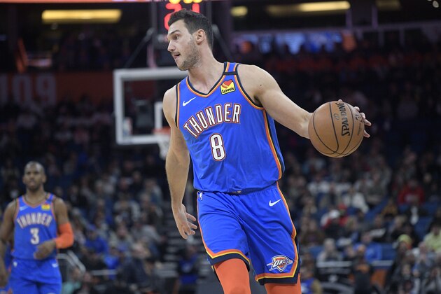 Oklahoma City Thunder forward Danilo Gallinari (8) brings the ball up the court during the first half of an NBA basketball game against the Orlando Magic Wednesday, Jan. 22, 2020, in Orlando, Fla. (AP Photo/Phelan M. Ebenhack)