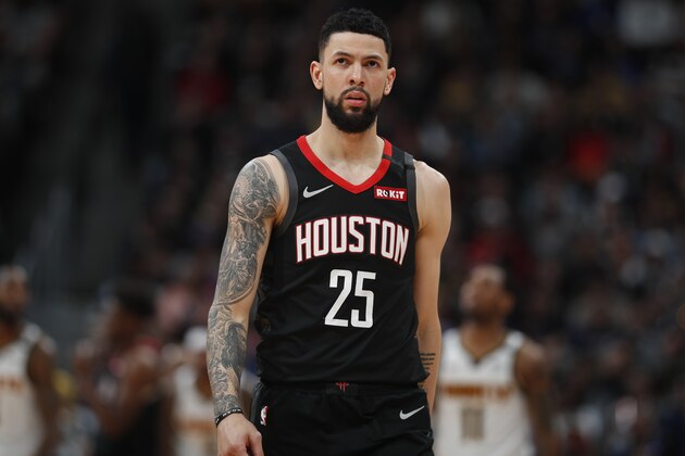Houston Rockets guard Austin Rivers (25) in the second half of an NBA basketball game Sunday, Jan. 26, 2020, in Denver. The Nuggets won 117-110. (AP Photo/David Zalubowski)