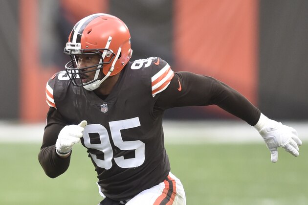 Cleveland Browns defensive end Myles Garrett rushes the passer during an NFL football game against the Houston Texans, Sunday, Nov. 15, 2020, in Cleveland. The Browns won 10-7. (AP Photo/David Richard)