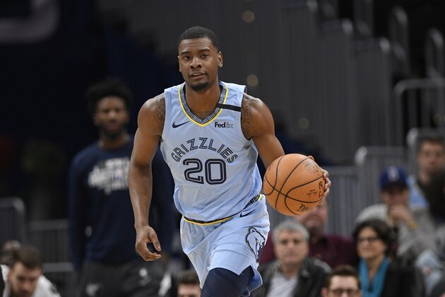 Memphis Grizzlies guard Josh Jackson (20) dribbles the ball during the first half of an NBA basketball game against the Washington Wizards, Sunday, Feb. 9, 2020, in Washington. (AP Photo/Nick Wass)