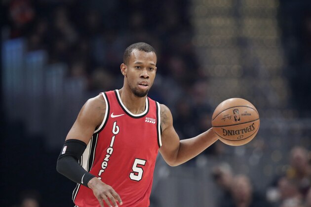 Portland Trail Blazers' Rodney Hood drives against the Cleveland Cavaliers in the first half of an NBA basketball game, Saturday, Nov. 23, 2019, in Cleveland. (AP Photo/Tony Dejak)
