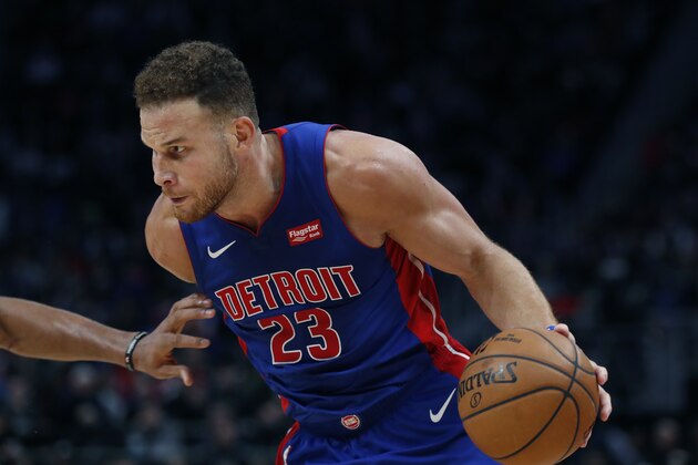 Detroit Pistons forward Blake Griffin drives during the second half of an NBA basketball game against the Milwaukee Bucks, Wednesday, Dec. 4, 2019, in Detroit. (AP Photo/Carlos Osorio)