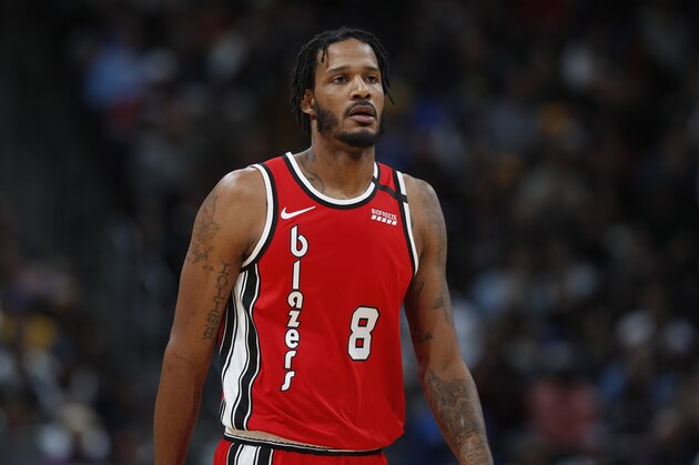 Portland Trail Blazers forward Trevor Ariza (8) in the second half of an NBA basketball game Tuesday, Feb. 4, 2020, in Denver. The Nuggets won 127-99. (AP Photo/David Zalubowski)