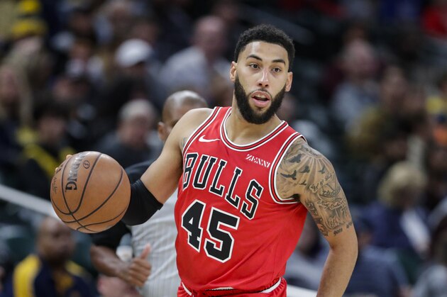 Chicago Bulls guard Denzel Valentine (45) during the second half of an NBA preseason basketball game against the Indiana Pacers in Indianapolis, Friday, Oct. 11, 2019. The Pacers defeates the Bulls 105-87. (AP Photo/Michael Conroy)
