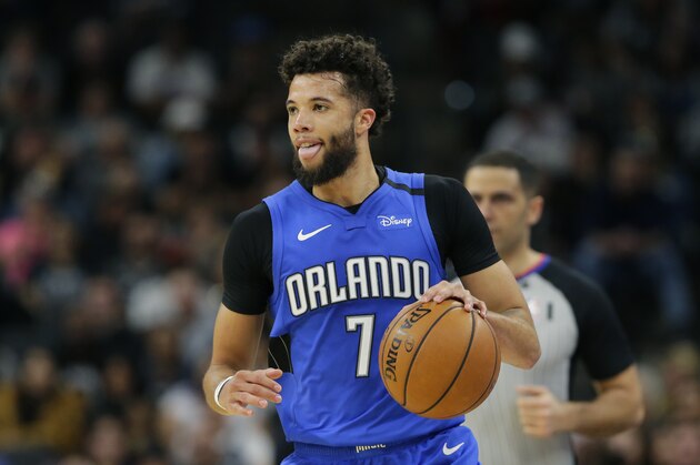 Orlando Magic guard Michael Carter-Williams (7) during the second half of an NBA basketball game against the San Antonio Spurs in San Antonio, Saturday, Feb. 29, 2020. (AP Photo/Eric Gay)