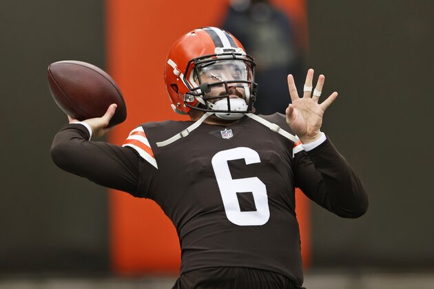 Cleveland Browns quarterback Baker Mayfield warms up before an NFL football game against the Houston Texans, Sunday, Nov. 15, 2020, in Cleveland. (AP Photo/Ron Schwane)