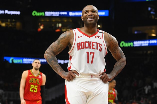 Houston Rockets forward PJ Tucker reacts to a foul called on the Atlanta Hawks in the final moments of an NBA basketball game Wednesday, Jan. 8, 2020, in Atlanta. Houston won 122-115. (AP Photo/John Amis)