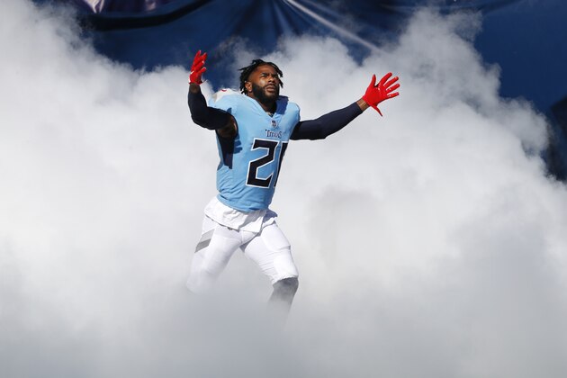 Tennessee Titans cornerback Malcolm Butler runs onto the field before an NFL football game against the Chicago Bears Sunday, Nov. 8, 2020, in Nashville, Tenn. (AP Photo/Wade Payne)