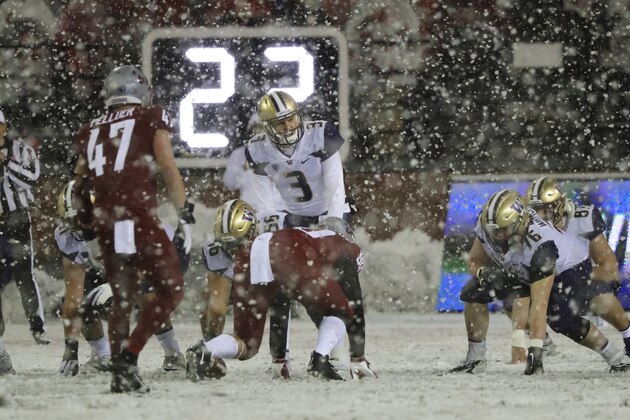 Washington quarterback Jake Browning (3) calls for the snap as snow falls at Martin Stadium during the second half of an NCAA college football game against Washington State, Friday, Nov. 23, 2018, in Pullman, Wash. (AP Photo/Ted S. Warren)