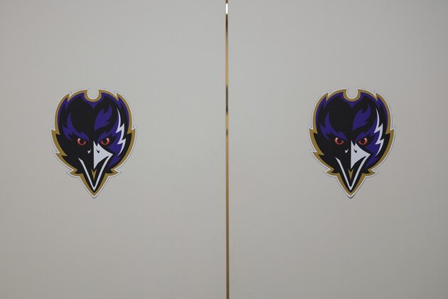 Baltimore Ravens logo on locker room doors during an NFL football game between the Indianapolis Colts and Baltimore Ravens, Sunday, Nov. 8, 2020, in Indianapolis. (AP Photo/Zach Bolinger)