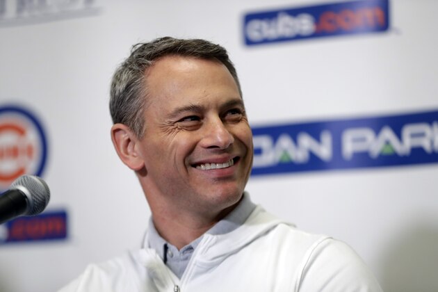 Chicago Cubs Executive Vice President and General Manager Jed Hoyer seen during a media availability at the team's spring training baseball facility Tuesday, Feb. 13, 2018, in Mesa, Az. (AP Photo/Carlos Osorio)