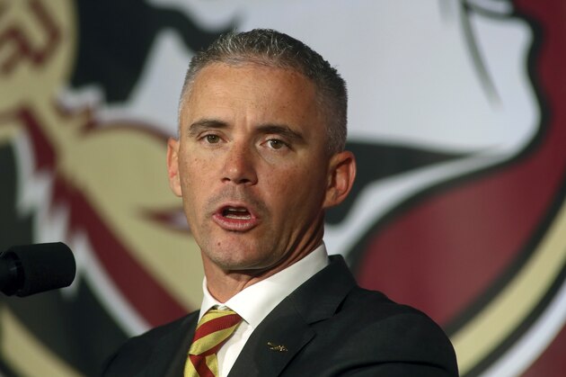 Florida State head football coach Mike Norvell speaks at a press conference Sunday, Dec. 8, 2019, in Tallahassee, Fla. Norvell is Florida State's new coach, taking over a Seminoles program that has struggled while he was helping to build Memphis into a Group of Five power. (AP Photo/Phil Sears)