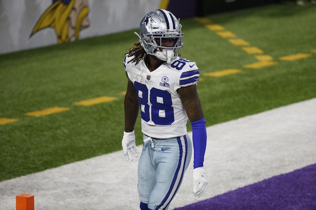 Dallas Cowboys wide receiver CeeDee Lamb (88) celebrates after catching a 4-yard touchdown pass during the first half of an NFL football game against the Minnesota Vikings, Sunday, Nov. 22, 2020, in Minneapolis. (AP Photo/Bruce Kluckhohn)