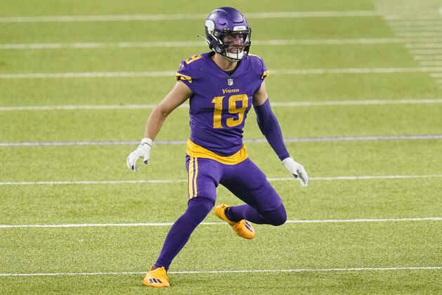 Minnesota Vikings wide receiver Adam Thielen (19) sets up for a play during an NFL football game against the Dallas Cowboys, Sunday, Nov. 22, 2020, in Minneapolis. (AP Photo/Jim Mone)