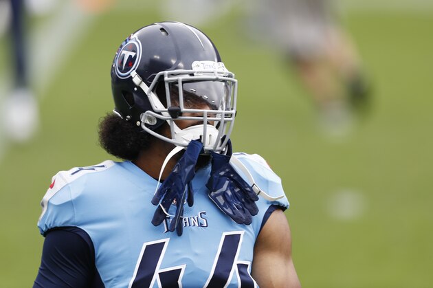 Tennessee Titans defensive end Vic Beasley (44) warms up before an NFL football game against the Pittsburgh Steelers Sunday, Oct. 25, 2020, in Nashville, Tenn. (AP Photo/Wade Payne)