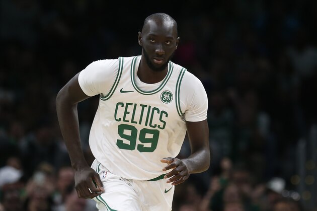 Boston Celtics' Tacko Fall plays against the Cleveland Cavaliers during an NBA preseason basketball game in Boston, Sunday, Oct. 13, 2019. (AP Photo/Michael Dwyer)