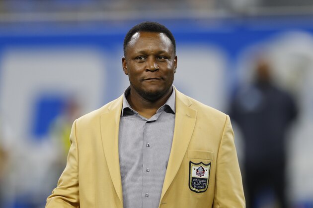 Former Detroit Lions running back Barry Sanders, a member of the NFL Hall of Fame, appears during an NFL football game in Detroit, Sunday, Sept. 29, 2019. The Lions named 39 players to its all-time team. (AP Photo/Paul Sancya)