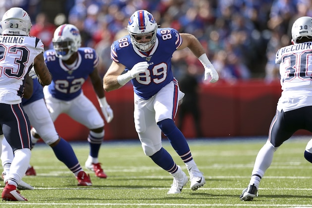 Buffalo Bills tight end Tommy Sweeney (89) runs a pass route against the New England Patriots in the first half of an NFL football game, Sunday, Sept. 29, 2019, in Orchard Park, N.Y. (AP Photo/Ron Schwane)