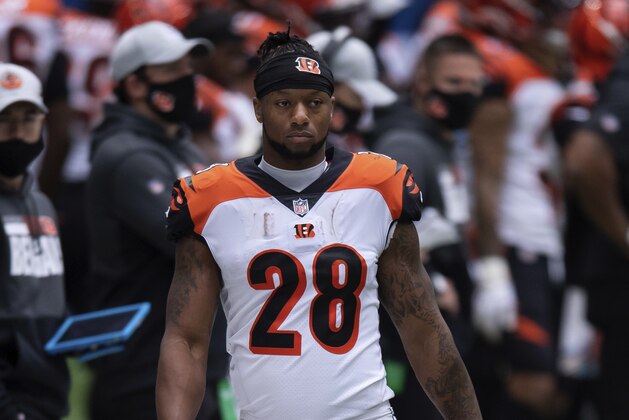 Cincinnati Bengals running back Joe Mixon (28) watches from the sidelines during an NFL football game between the Indianapolis Colts and Cincinnati Bengals, Sunday, Oct. 18, 2020, in Indianapolis. (AP Photo/Zach Bolinger)