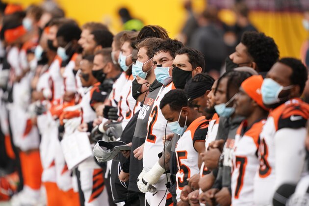 Members of the Cincinnati Bengals on the sidelines before the start of the first half of an NFL football game against the Washington Football Team, Sunday, Nov. 22, 2020, in Landover, Md. (AP Photo/Andrew Harnik)