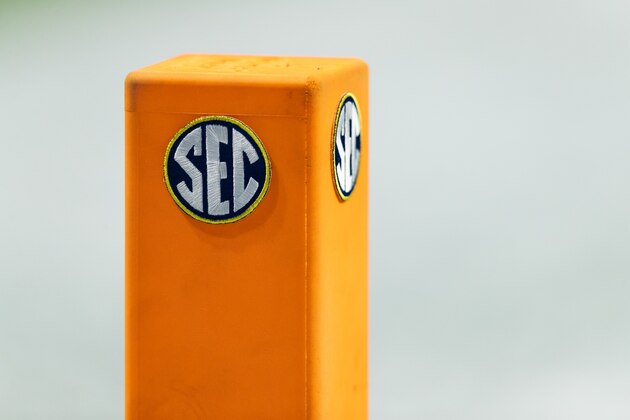 SEC logo on a pylon during the Southeastern Conference Championship NCAA college football game against the Alabama Crimson Tide and the Georgia Bulldogs on Saturday, Dec. 1, 2018 in Atlanta. (Ric Tapia via AP)