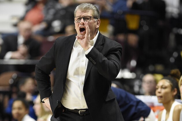 Connecticut head coach Geno Auriemma during an NCAA college basketball game in the American Athletic Conference tournament quarterfinals at Mohegan Sun Arena, Saturday, March 7, 2020, in Uncasville, Conn. (AP Photo/Jessica Hill)