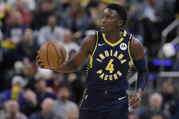Indiana Pacers' Victor Oladipo (4) dribbles during the second half of an NBA basketball game against the New York Knicks, Saturday, Feb. 1, 2020, in Indianapolis. New York won 92-85. (AP Photo/Darron Cummings)