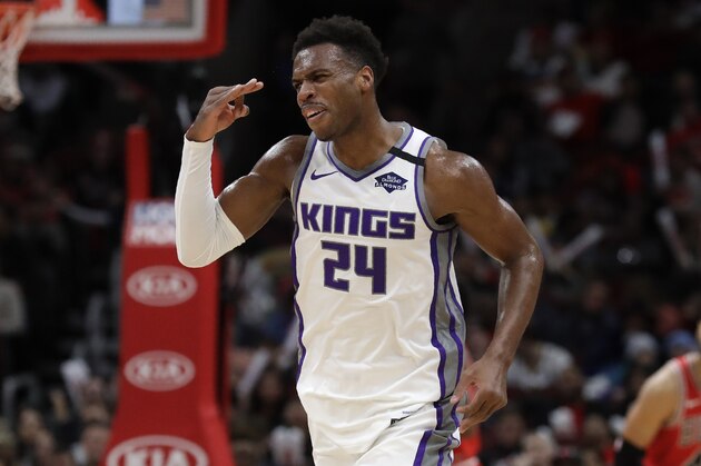 Sacramento Kings guard Buddy Hield reacts after making a three-point basket during the second half of an NBA basketball game against the Chicago Bulls in Chicago, Friday, Jan. 24, 2020. (AP Photo/Nam Y. Huh)