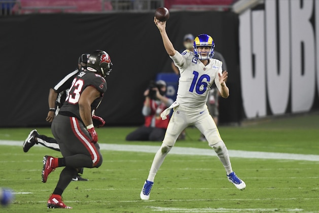 Los Angeles Rams quarterback Jared Goff (16) throws a pass against the Tampa Bay Buccaneers during the second half of an NFL football game Monday, Nov. 23, 2020, in Tampa, Fla. (AP Photo/Jason Behnken) Los Angeles Rams quarterback Jared Goff (16) throws a pass against the Tampa Bay Buccaneers during the second half of an NFL football game Monday, Nov. 23, 2020, in Tampa, Fla. (AP Photo/Jason Behnken)