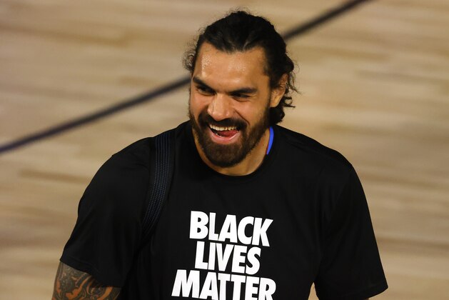 Oklahoma City Thunder's Steven Adams smiles during warmups for Game 3 of an NBA basketball first-round playoff series against the Houston Rockets , Saturday, Aug. 22, 2020, in Lake Buena Vista, Fla. (Mike Ehrmann/Pool Photo via AP)