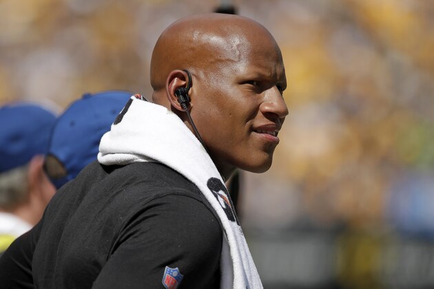 Pittsburgh Steelers Ryan Shazier stands on the sidelines during an NFL football game against the Seattle Seahawks, Sunday, Sept. 15, 2019, in Pittsburgh. (AP Photo/Gene J. Puskar)