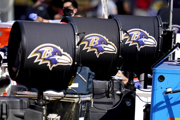 Large fans don the Baltimore Ravens logo during the second half of an NFL football game against the Cleveland Browns, Sunday, Sept. 13, 2020, in Baltimore. The Ravens won 38-6. (AP Photo/Julio Cortez)
