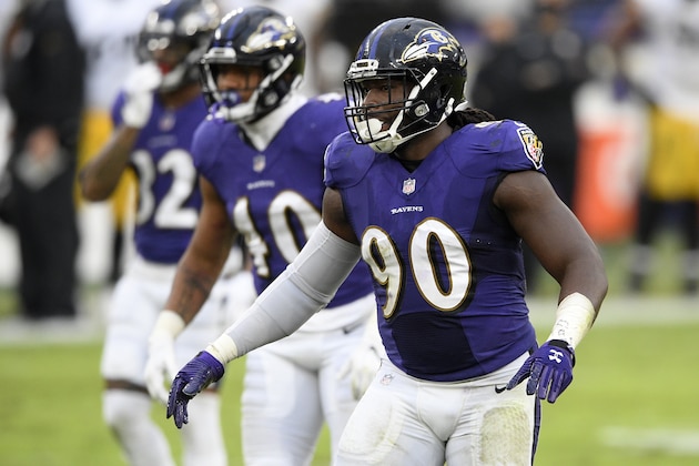 Baltimore Ravens outside linebacker Pernell McPhee (90) during the second half of an NFL football game against the Pittsburgh Steelers, Sunday, Nov. 1, 2020, in Baltimore. The Steelers won 28-24. (AP Photo/Nick Wass)