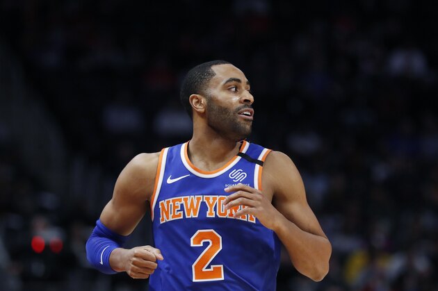 New York Knicks guard Wayne Ellington seen during the first half of an NBA basketball game, Saturday, Feb. 8, 2020, in Detroit. (AP Photo/Carlos Osorio)