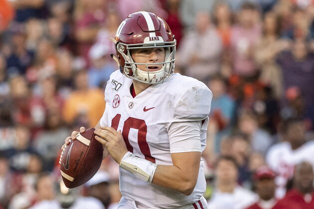 Alabama quarterback Mac Jones (10) during the first half of an NCAA college football game, Saturday, Nov. 30, 2019, in Auburn, Ala. (AP Photo/Vasha Hunt)