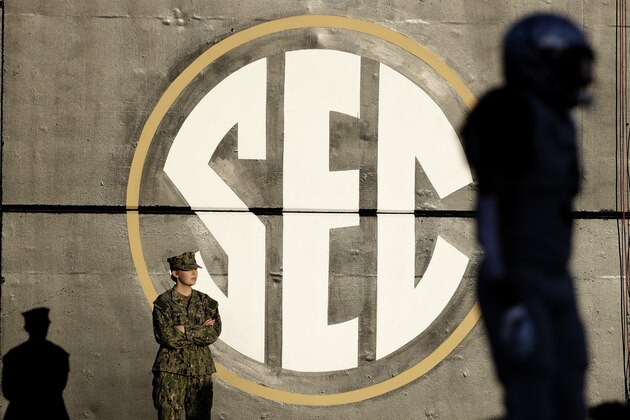 An SEC logo is painted on the wall inside Vanderbilt Stadium in the first half of an NCAA college football game between Vanderbilt and Kentucky Saturday, Nov. 16, 2019, in Nashville, Tenn. (AP Photo/Mark Humphrey)
