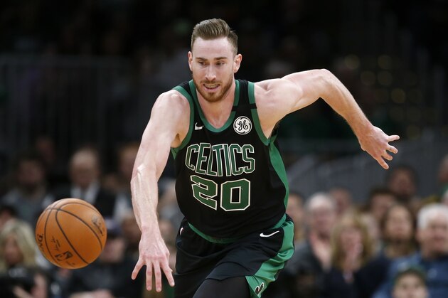Boston Celtics' Gordon Hayward plays against the Houston Rockets during an NBA basketball game in Boston, Saturday, Feb. 29, 2020. (AP Photo/Michael Dwyer)