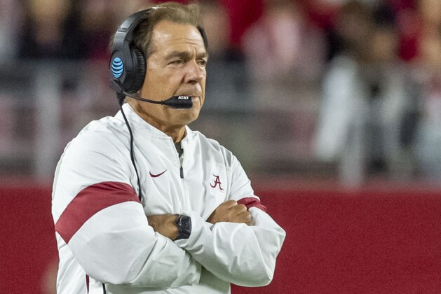 Alabama head coach Nick Saban looks on against Arkansas during the first half of an NCAA college football game, Saturday, Oct. 26, 2019, in Tuscaloosa, Ala. (AP Photo/Vasha Hunt)