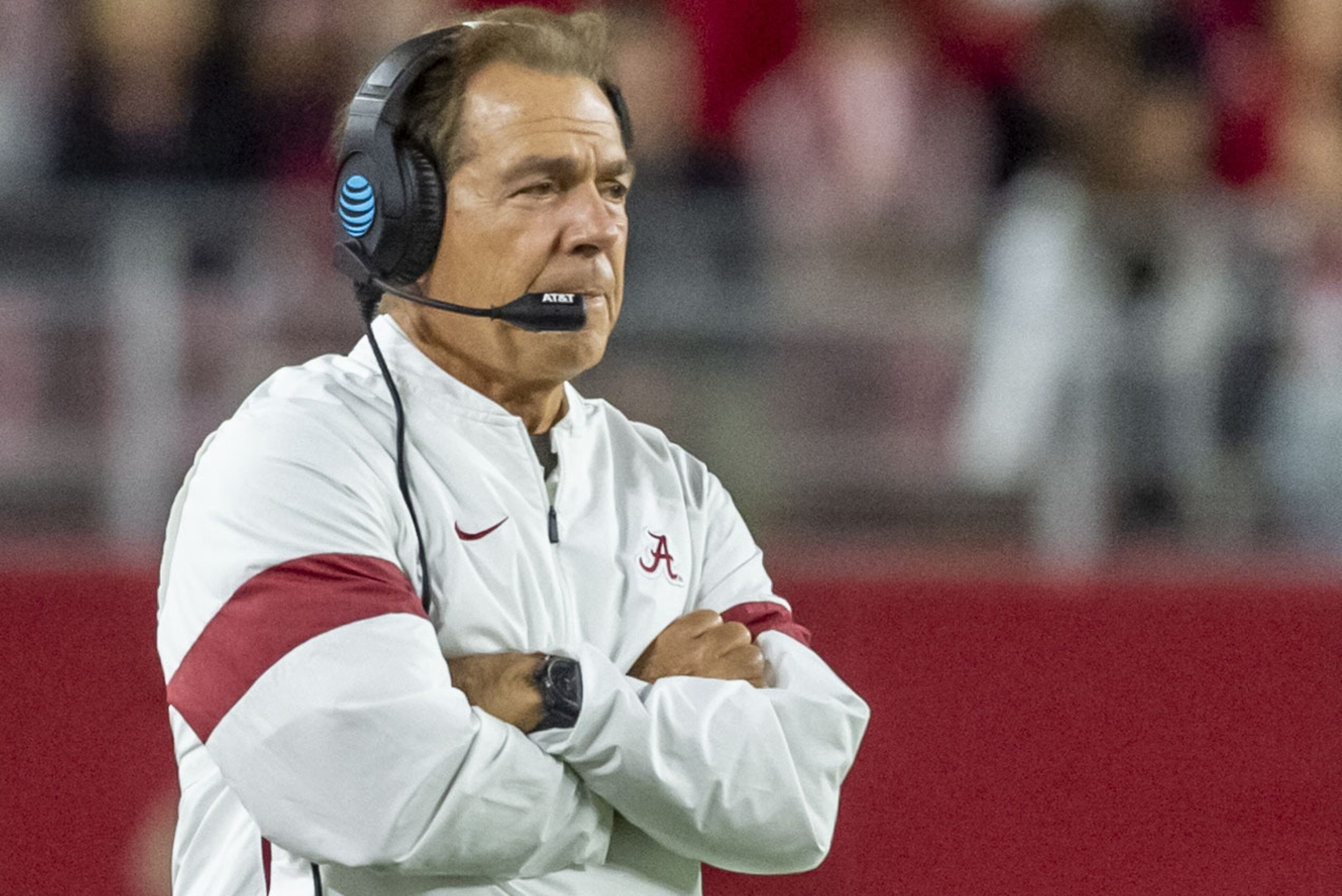 Alabama head coach Nick Saban looks on against Arkansas during the first half of an NCAA college football game, Saturday, Oct. 26, 2019, in Tuscaloosa, Ala. (AP Photo/Vasha Hunt) Alabama head coach Nick Saban looks on against Arkansas during the first half of an NCAA college football game, Saturday, Oct. 26, 2019, in Tuscaloosa, Ala. (AP Photo/Vasha Hunt)